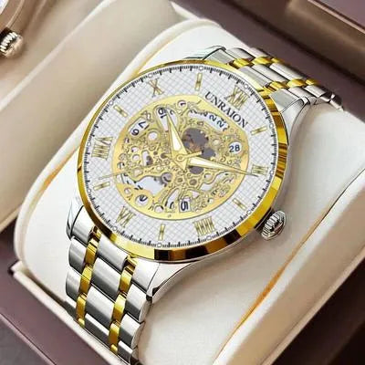 Unraion Skeleton Watch – Stainless Steel with Gold Accents