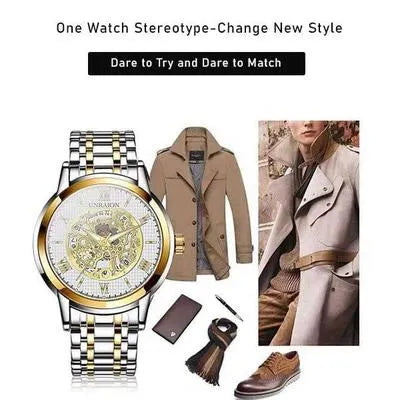 Unraion Skeleton Watch – Stainless Steel with Gold Accents