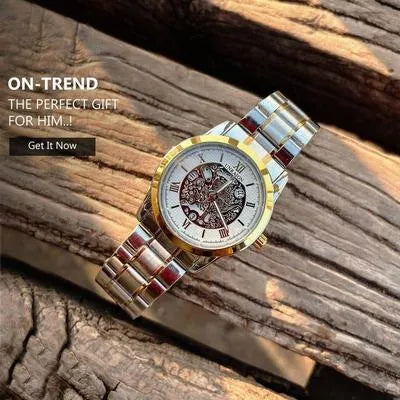 Unraion Skeleton Watch – Stainless Steel with Gold Accents