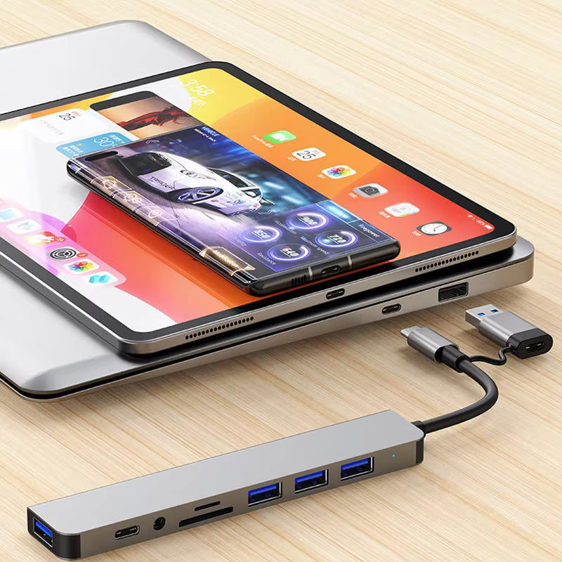 8-in-2 USB + Type-C HUB Docking Station with Audio Jack, SD Card Reader & Multi-Port Adapter