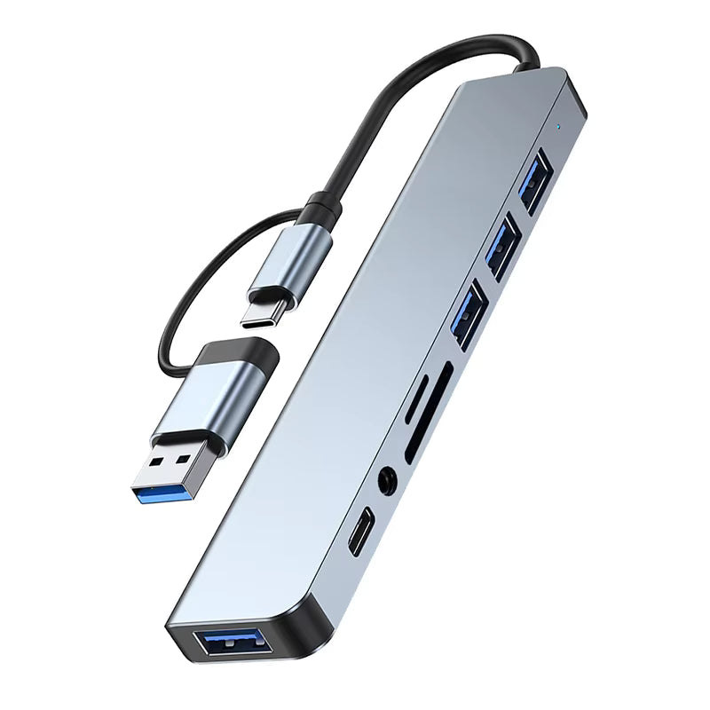 8-in-2 USB + Type-C HUB Docking Station with Audio Jack, SD Card Reader & Multi-Port Adapter
