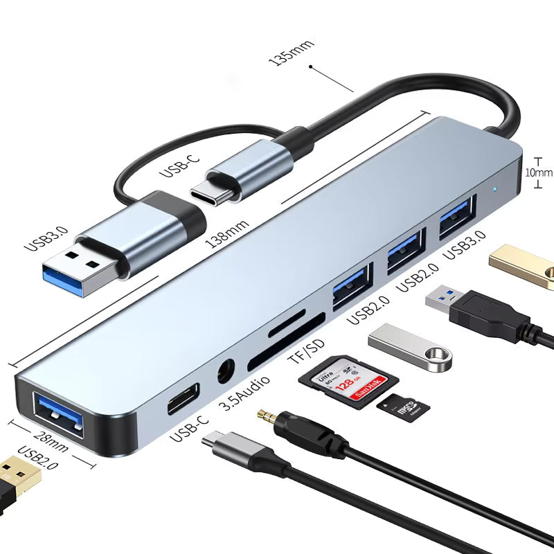 8-in-2 USB + Type-C HUB Docking Station with Audio Jack, SD Card Reader & Multi-Port Adapter